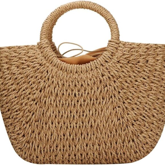 Natural Straw Round Handbag Summer Beach Bag Woven Handle Fashion Accessory - Picture 2 of 4